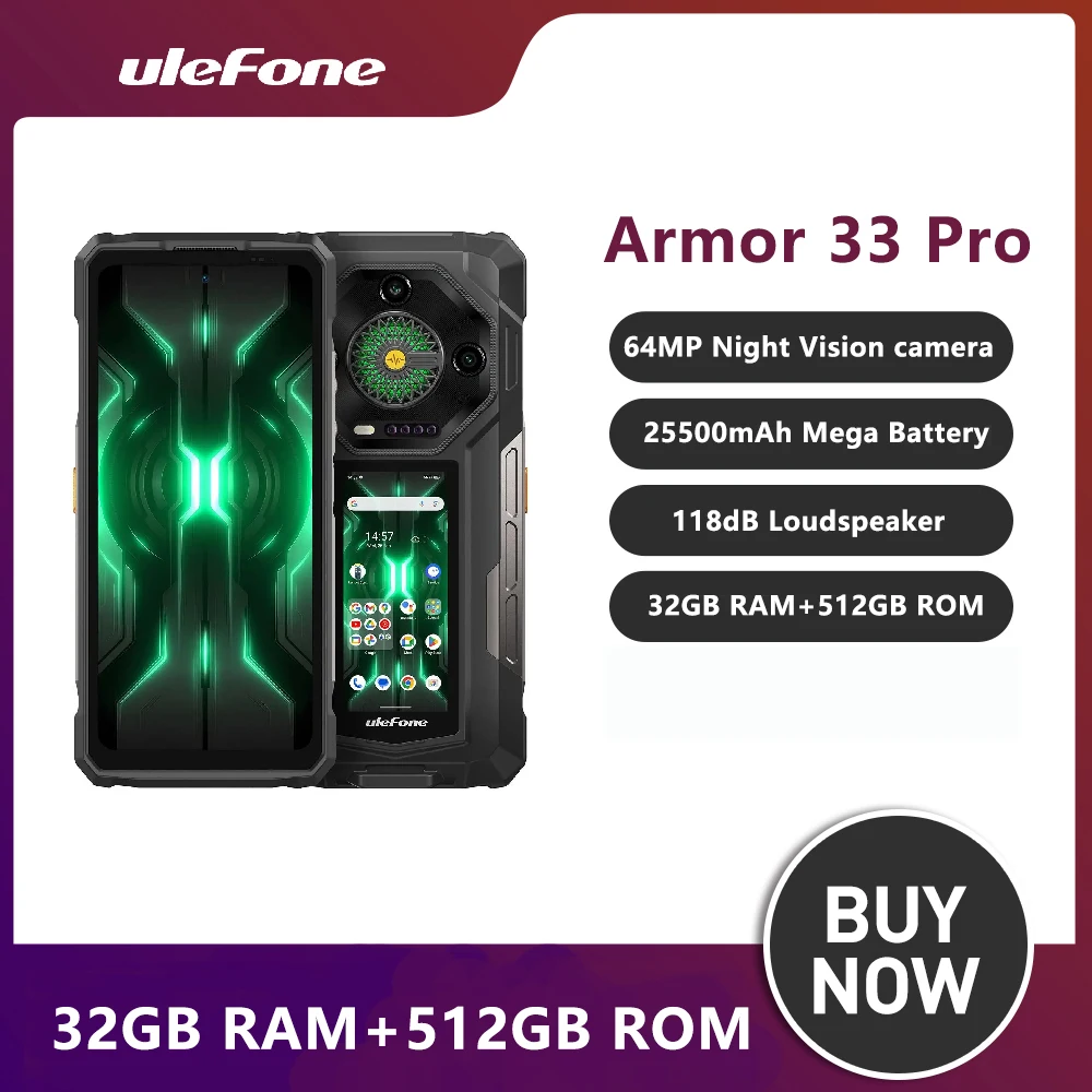 Ulefone 5G Rugged Smartphone Android 15 Dual Screen 6.95 Inch 120Hz 32GB+512GB Armor 33 Pro Mobile Phone 25500mAh 66W 64MP NFC