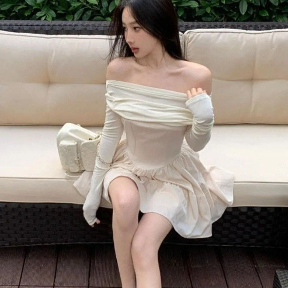 

Темпераментная тонкая короткая юбка с длинными рукавами, облегающее легкое платье с одним воротником, корейская мода, короткая юбка трапециевидной формы для отдыха, вечерние