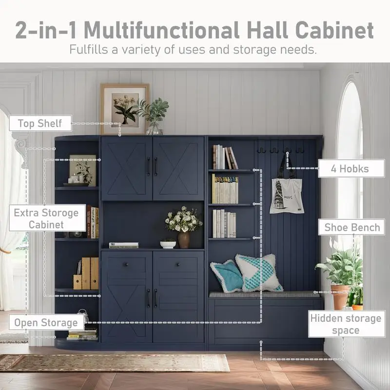 Многофункциональный шкаф для прихожей с местом для хранения вещей и 4 крючками, дерево для прихожей 2 в 1 для гостиной, кухни и прихожей, античный синий цвет