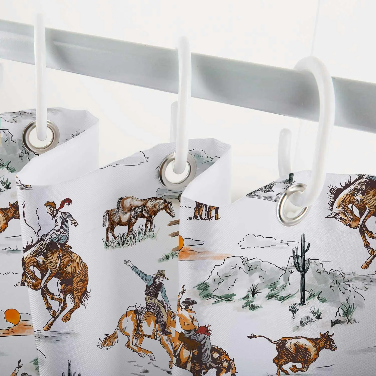 ستارة دش رعاة البقر الغربية للحمام، ستائر حمام كاوبوي رعاة البقر في الغرب المتوحش، ستائر حمام الصبار في المزرعة والريف الأمريكي والغرب