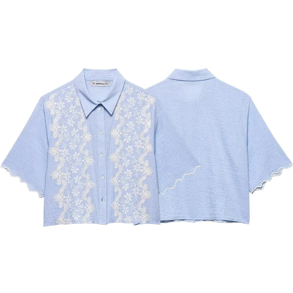 レディース 袖口イレギュラーデザインシングルブレストショートトップス カジュアルレトロ花柄刺繍半袖ラペルシャツ エレガント婦人服