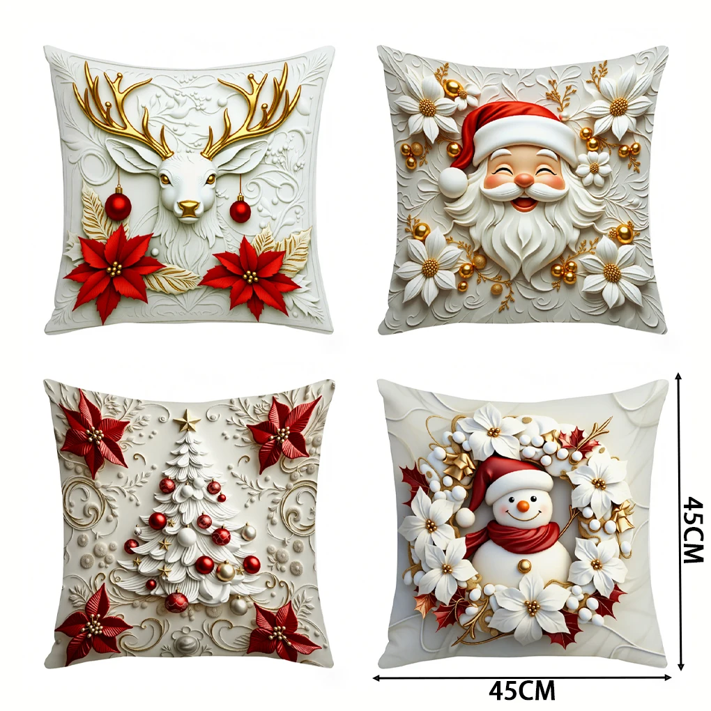 4PCS/SET Christmas Pillow Covers, Santa Snowman Reindeer Tree Print, Red White Gold Green Polyester Zip, for Living Room Decor