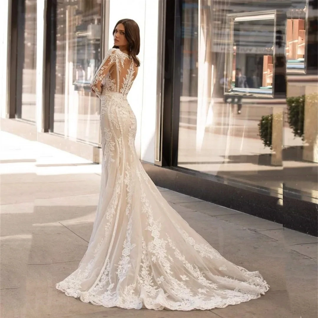 Exquisitos Vestidos De Novia con cuello en V profundo, Vestidos De Novia con Apliques De encaje, mangas largas, hasta el suelo, batas para novias, Vestidos De Novia