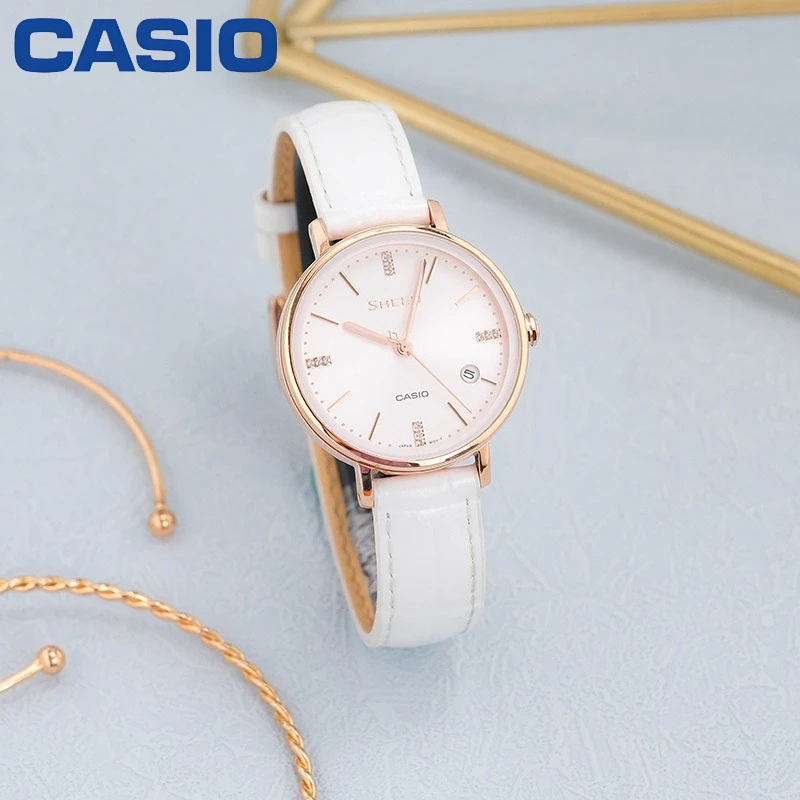 Casio SHE-4048PGL-7A SHEEN Women Quartz Watch Rose Gold IP Case Genuine Leather Strap Elegant Ladies Wristwatch
