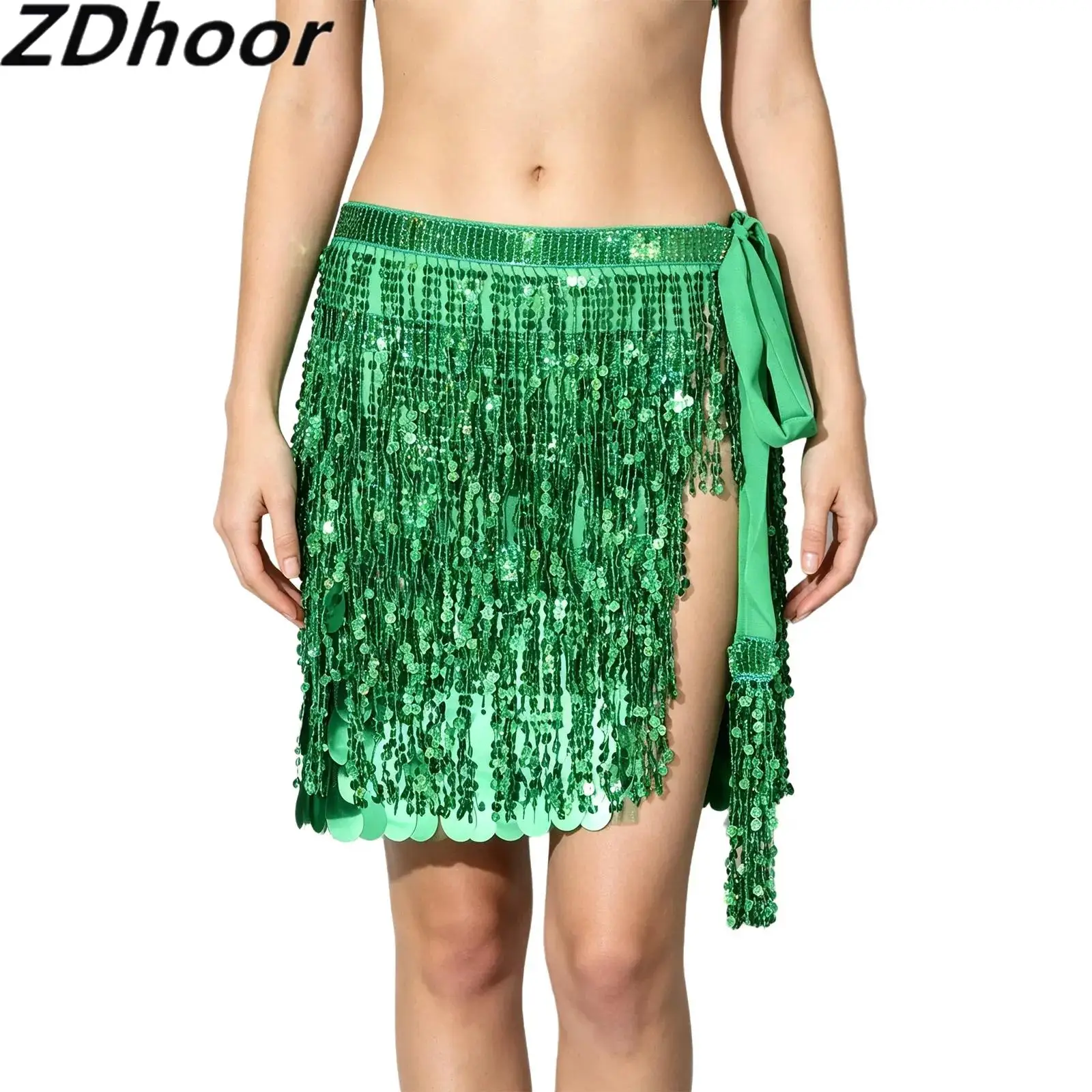 Women Sequin Fringe Skirt Sparkly Tassel Hip Scarf Wrap Adjustable Mini Skirt for Belly Dance Stage Performance Club