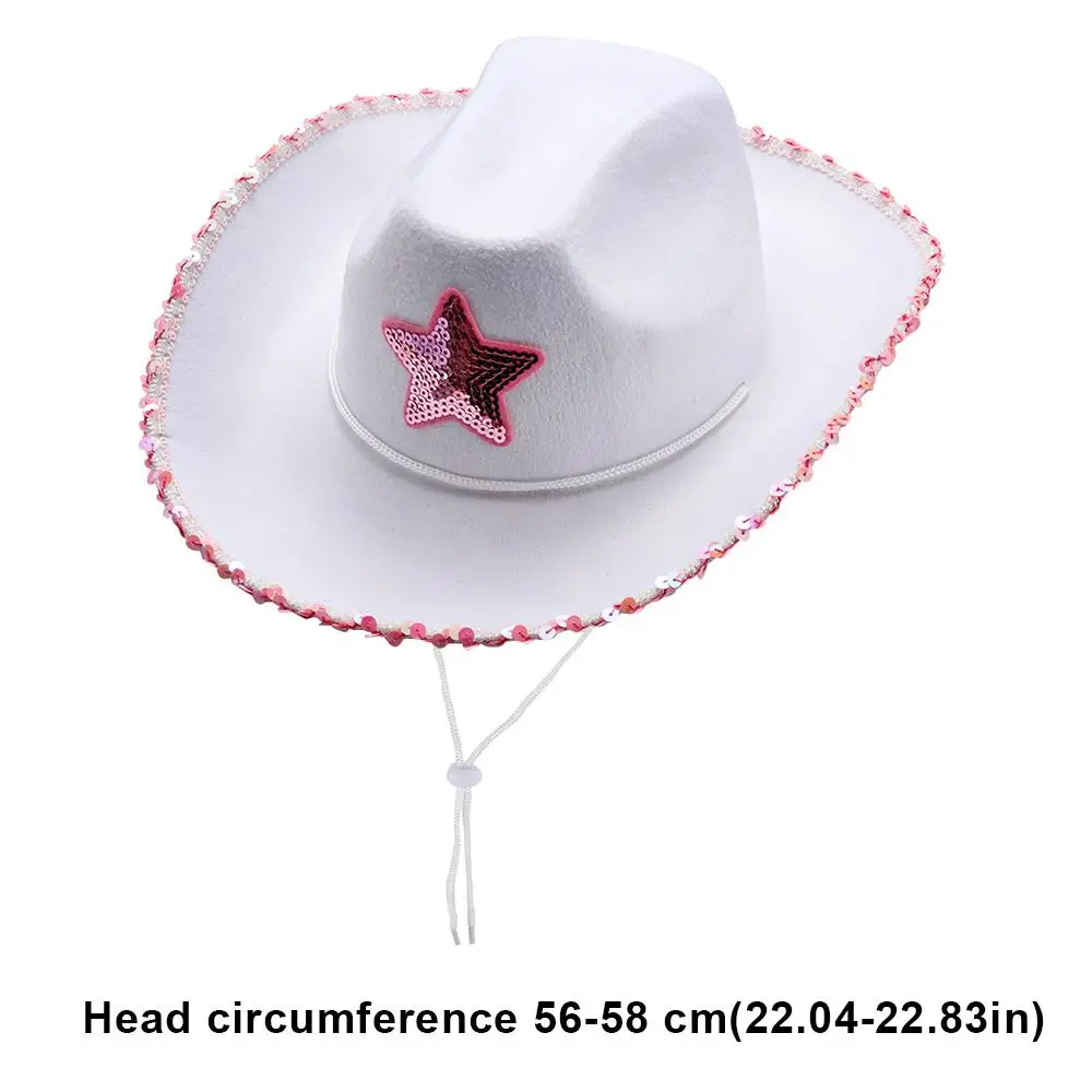 Pink Star White Cowgirl Hat Sequin Trim Fringe Cow Girl Hat Adjustable Cowboy Hat Neck Draw String Costume Party Play Dress-Up