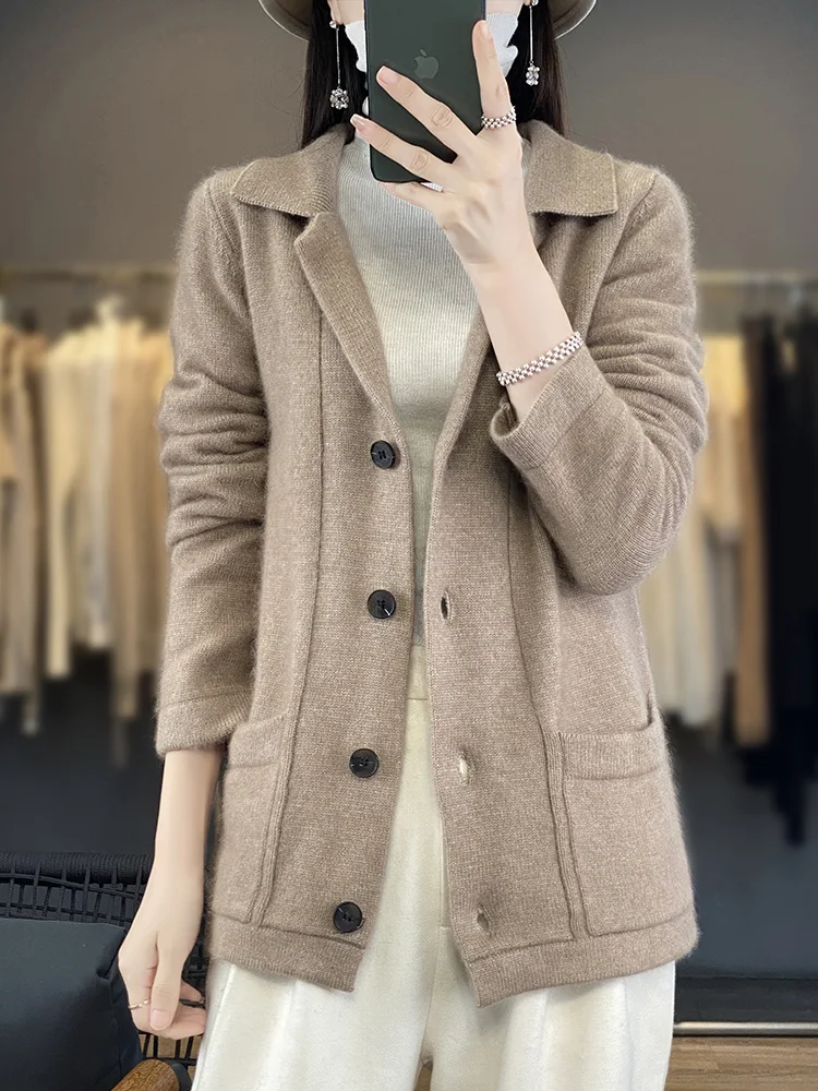 Women Lapel 100% Mink Cashmere Knit Cardigan Spring Winter New Polo Collar Shirt Loose Warm Jackets Blouses Casual Coats Sweater