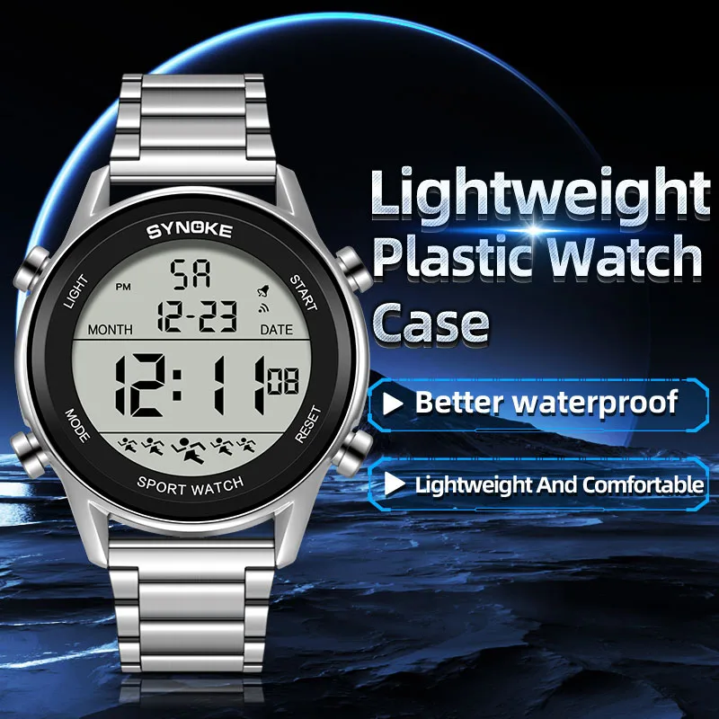 SYNOKE Top Luxury Stainless Steel Strap Sport Watches Mens Waterproof Back Light Digital Wristwatch Male Alarm