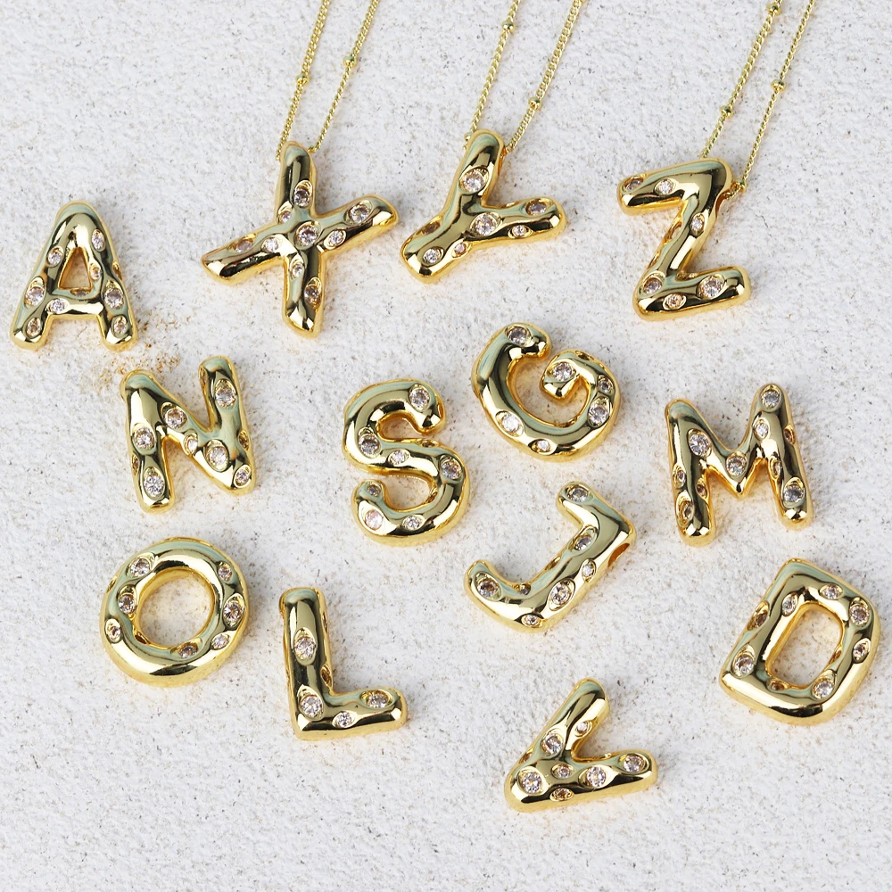 Zircon Chunky Alphabet Balloon Letter Pendant Necklace A-Z Name Bubble Necklace for Family Women Men Fashion Jewelry Gifts