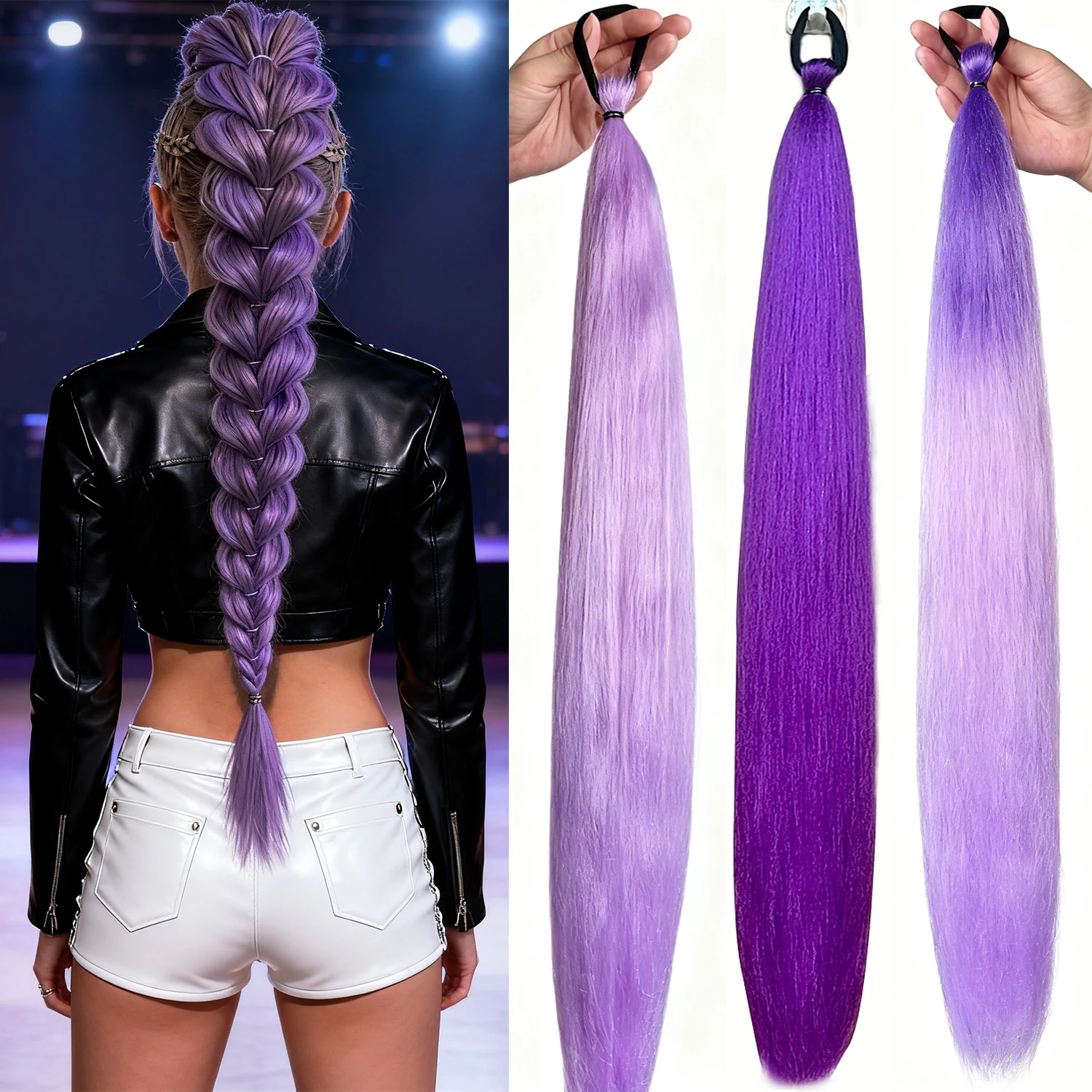 

2 шт. синтетический фиолетовый длинный прямой хвост с резинкой для наращивания волос для женщин фиолетовый Хэллоуин']]
