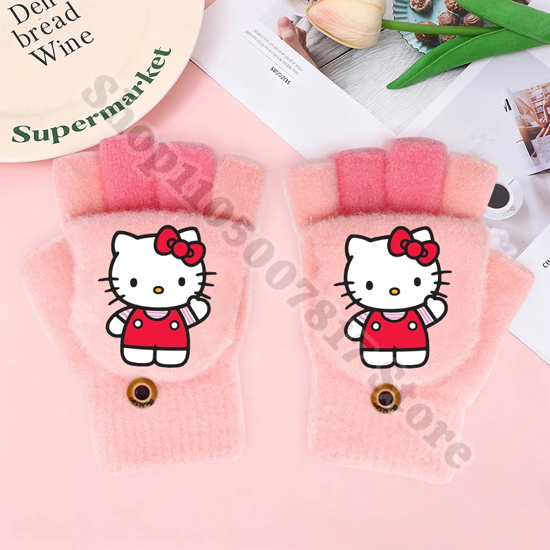 Guantes cálidos de invierno para niños, guantes bonitos de dibujos animados de Hello Kitty, accesorios informales para niñas, manoplas con estampado de Anime para niños, regalos de navidad 2026