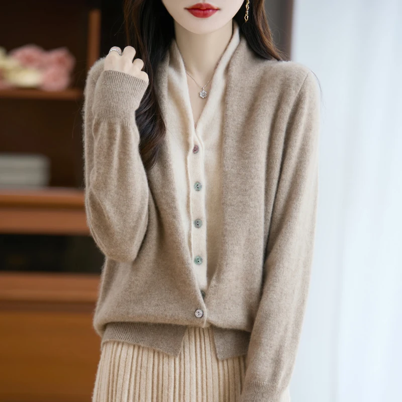 Autumn Winter New Arrival Women's Merino Wool Cardigan Sweater Fake Two Piece Solid Thick Plush Quality Long Sleeve Knit OL Top