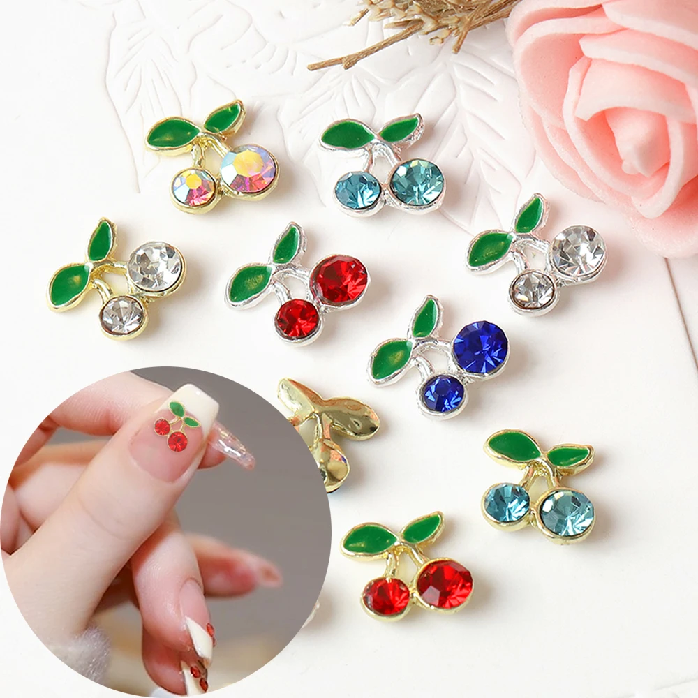 10pcs 3D Sweet Cherry Nail Charm New Metallic Alloy Trendy Glitter Fruit Cherry Nail Jewelry DIY Luxury Nail Accessories