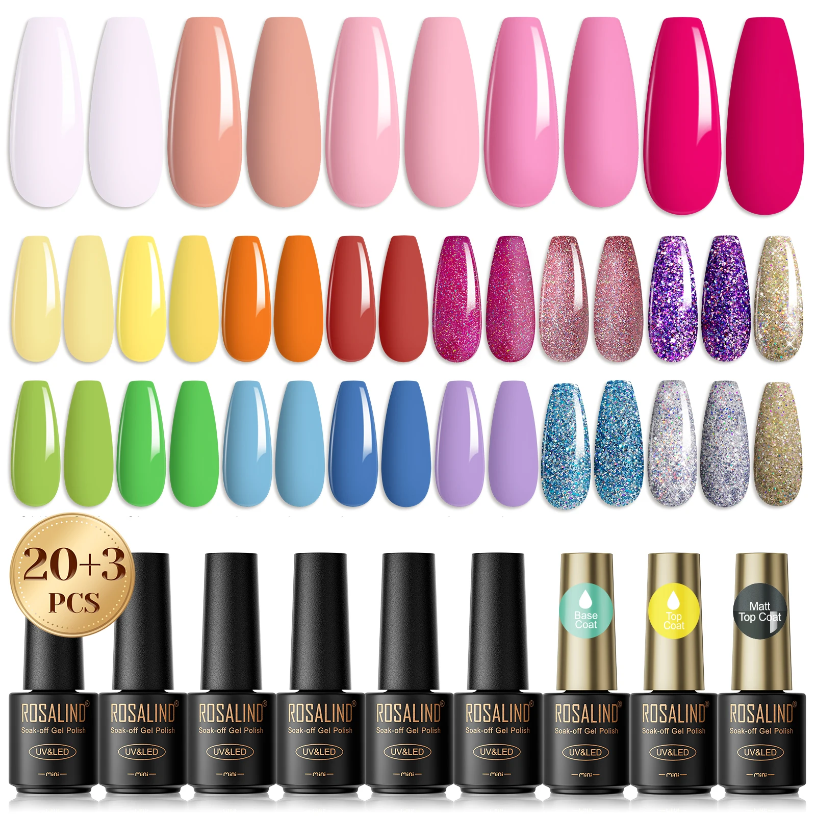 ROSALIND Zestaw Żeli do Paznokci Pure Colors, Zestaw Lakierów Hybrydowych, Baza, Top Coat, Półtrwały Lakier Hybrydowy Soak Off, 23 sztuki, Zestaw Prezentowy