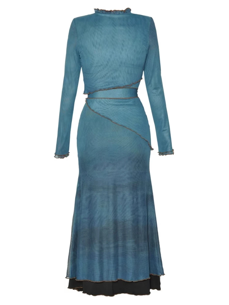VGH Mesh Printed Spliced Lace Up Dress for Women Stand Collar Long Sleeve with Funguns High Waist Fishtail Long Dresses Female