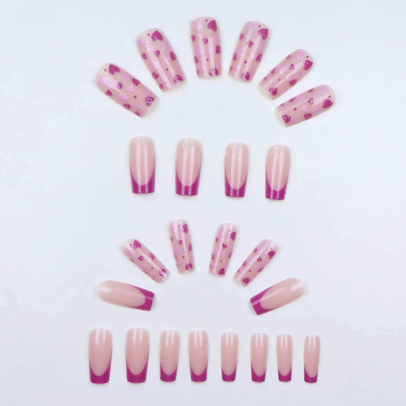 24-teiliges Künstliches Nagelset mit rosa französischem herzförmigem Design, 1-teiliges Nagelfeile- und 1-Nagelkleber-Aufkleber-Set für Nägel