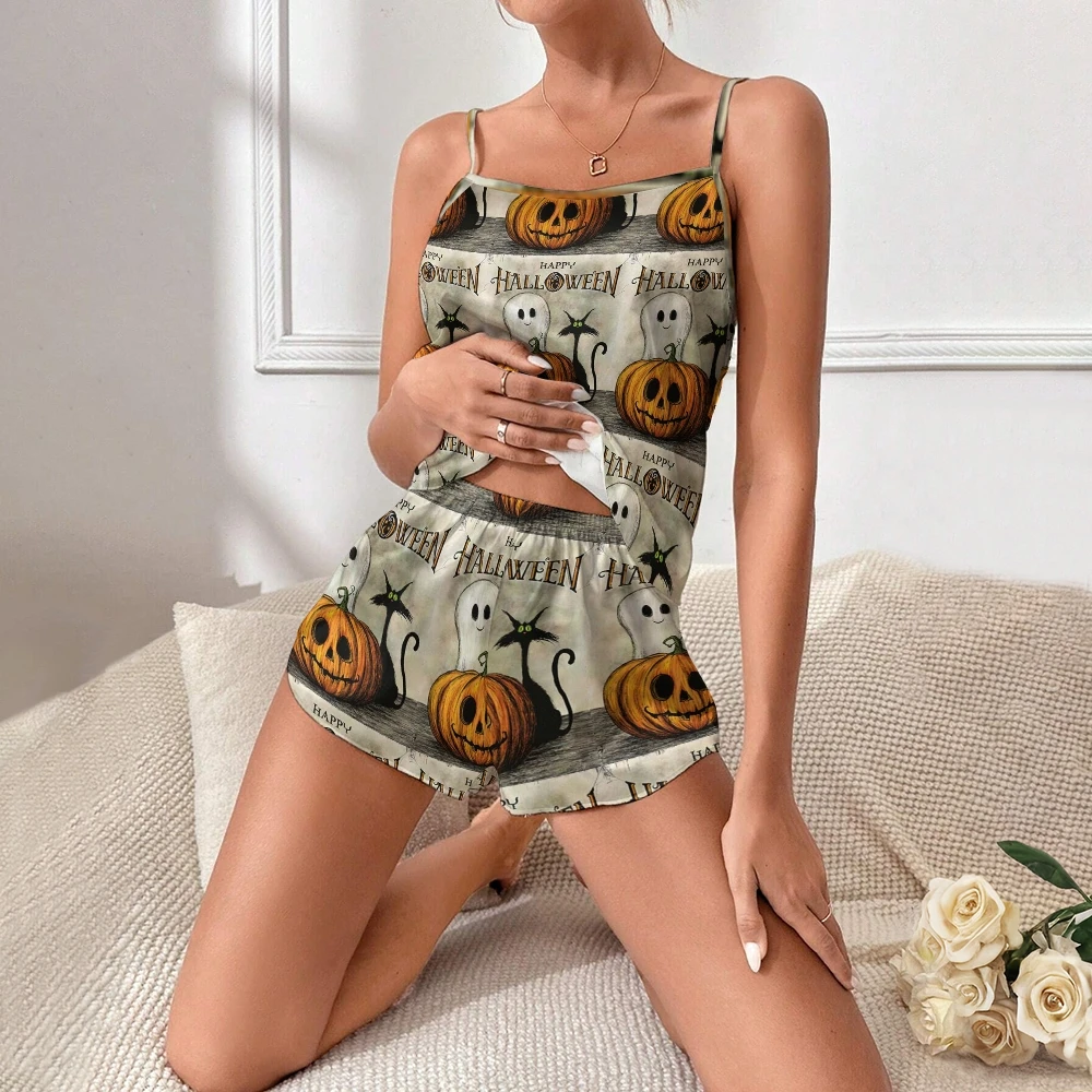 

Ghost Pumpkin Black Cat Graffiti Print Pajama Set Happy Halloween Women's Chic Outfit Party Chiffon Leisure Wear Home Clothes