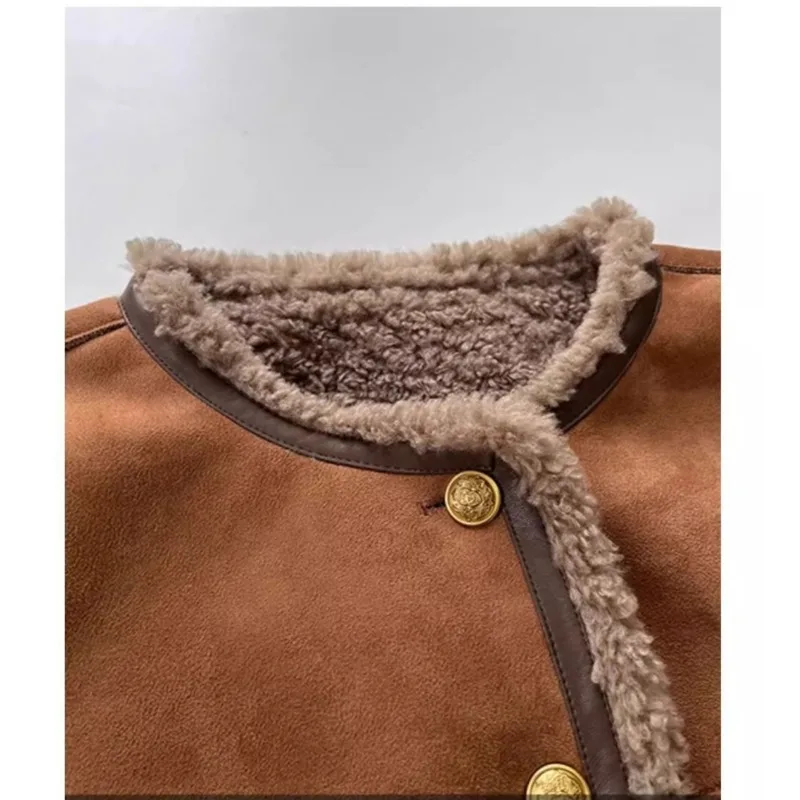 سترة نسائية شتوية من القطيفة المقلدة الراقية سترة نسائية شتوية قصيرة من الفرو المقلد سترة متكاملة من جلد الخراف الصناعي قطعة واحدة سميكة #4