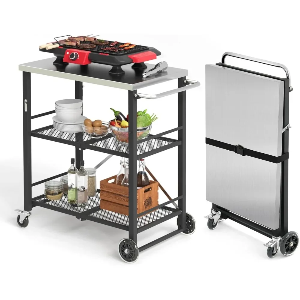 

kitchen islands table，Foldable Outdoor Grill Cart with2Total Lock Casters,Stainless Steel Pizza Oven Stand, Rolling Table 3Shelf