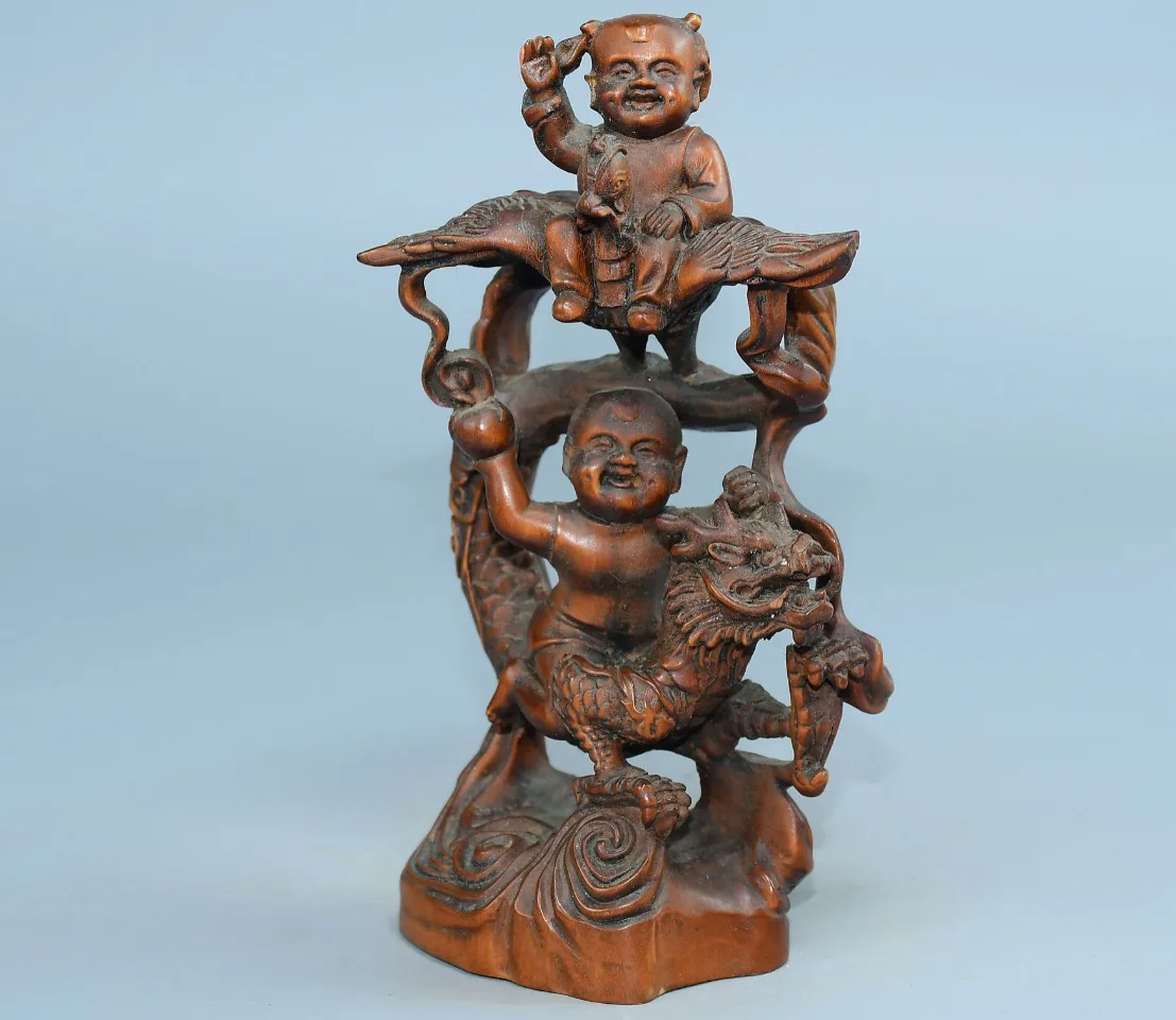 Old Boxwood Kingtome  Jade Maiden Phoenix Dragon Statue bring a woman to give birth to a child Amass wealth Ornaments