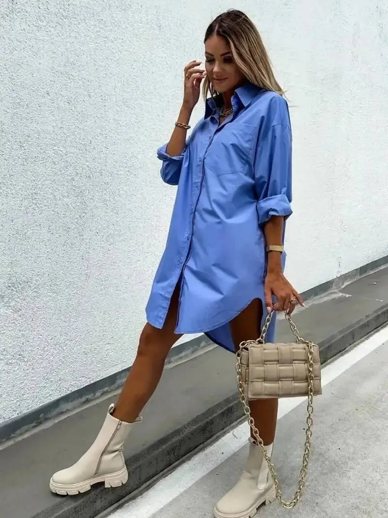 Women's Solid Color Button Front Shirt Dress Casual Long Sleeve Lapel Dress For Spring Fashion Sexy Women Tops Shirts Dress LS4A