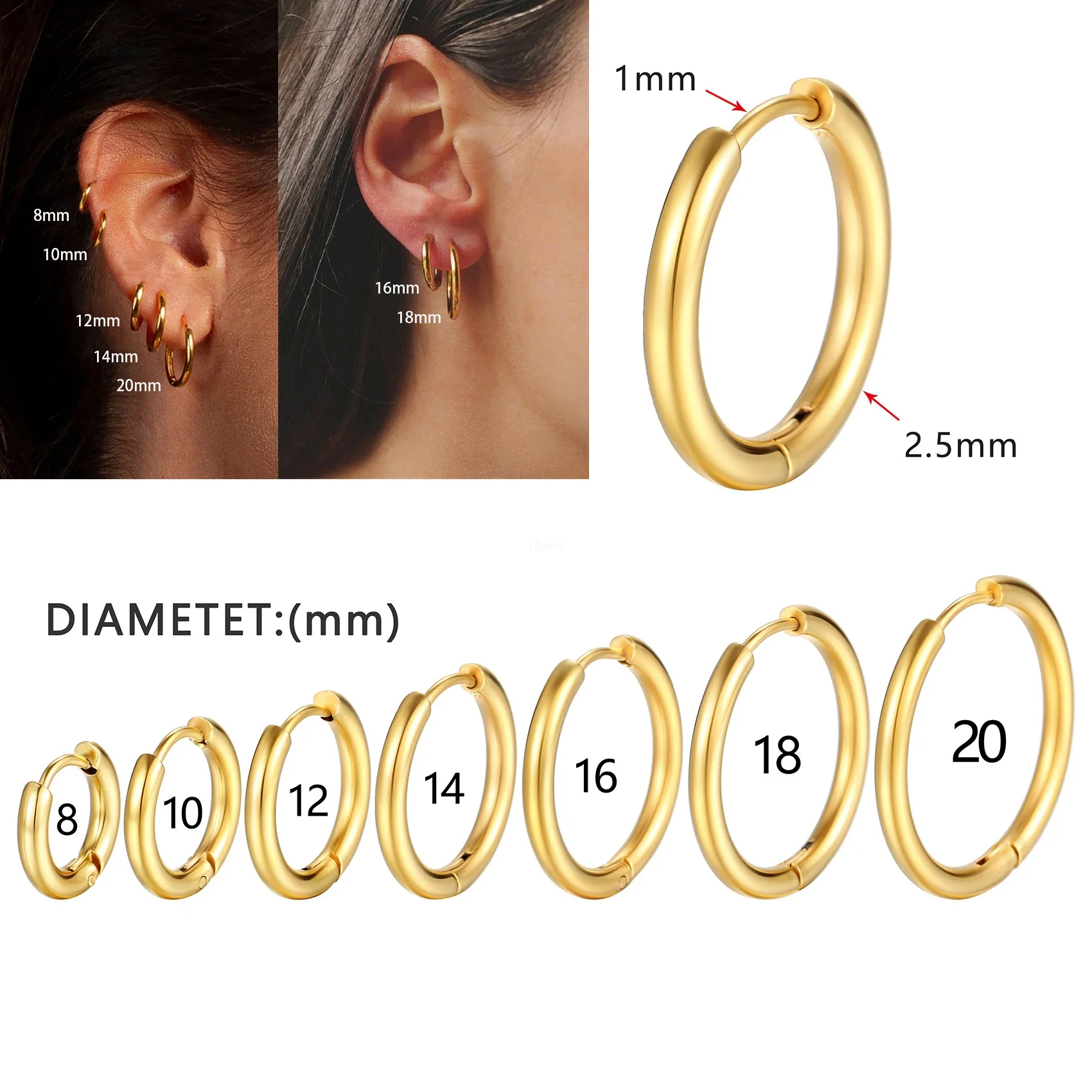 8-20mm Stainles Steel Small Hoop Earrings for Women Men Gold Silver Color Round Classic Jewelry Anti-allergy Mariasz Minimalist