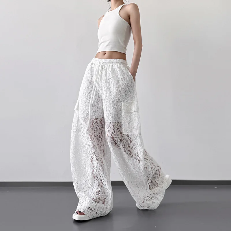 여성용 화이트 할로우 레이스 캐주얼 팬츠 2025 여름 신상 와이드 레그 팬츠