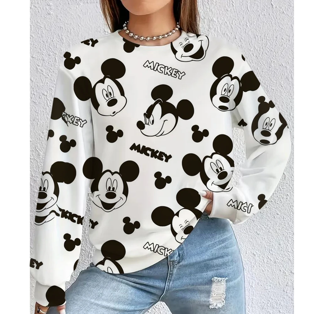 Ropa deportiva de otoño para mujer, Sudadera con capucha con estampado de Mickey Mouse de Disney, jersey suave cómodo con cuello redondo, ropa informal para mujer