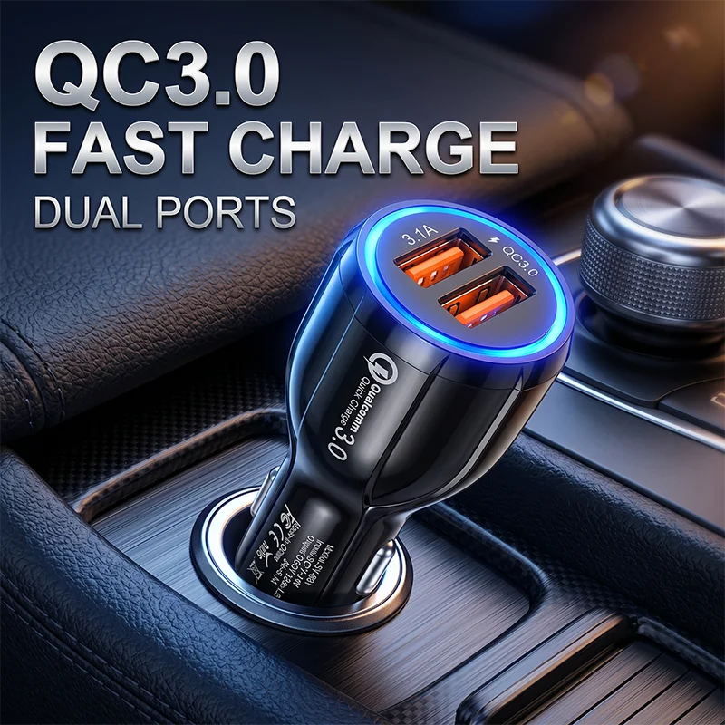 Dual USB Car Charger QC 3.0 3.1A Rapid Charge Power Adapter Universal For Smartphone Tablet Camera Multi Port Vehicle Plug