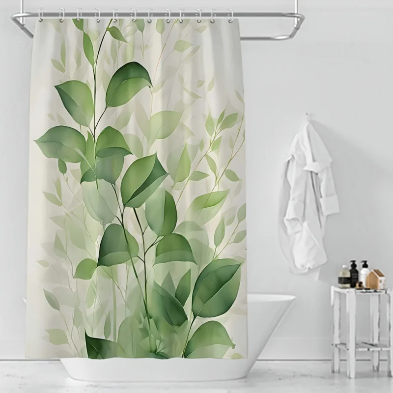 Water-Resistant Polyester Shower Curtain with Green Leaf Design - Machine Washable Woven Fabric, Nordic Fresh Style, Universal E