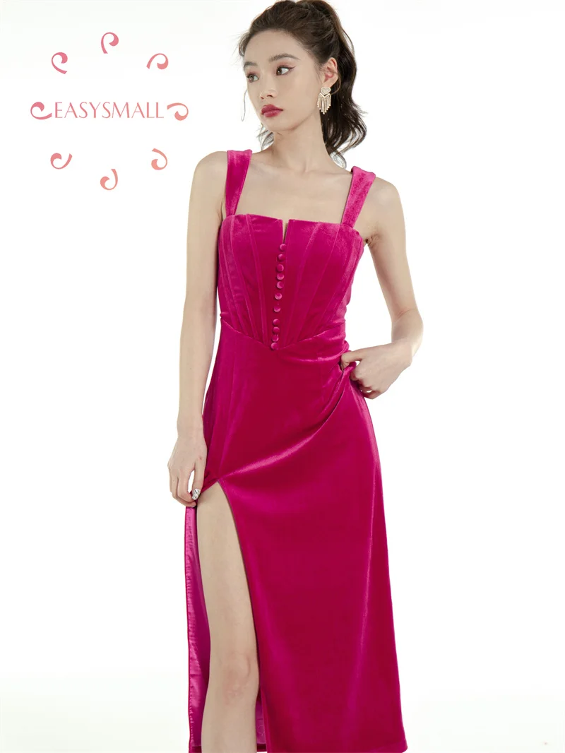 

Easysmall Rose red with white velvet suspender dress autumn and winter temperament with thin fishbone annual meeting Long dress