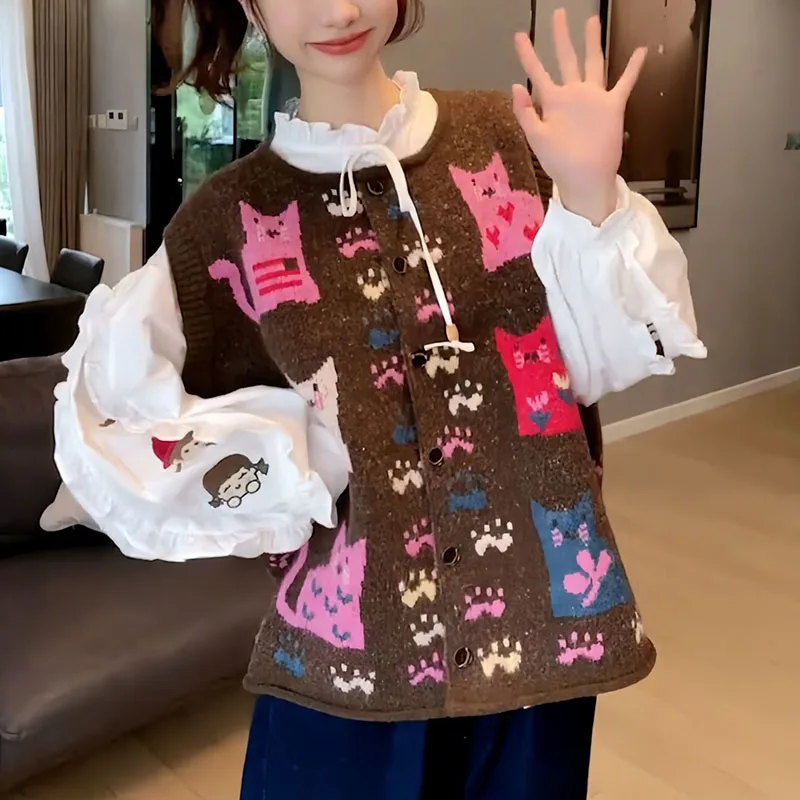 Cute Cartoon Cat Women Sweater Vest Vintage O Neck Knitwear Sleeveless Jackets Female Casual Button Women Waistcoat autumn