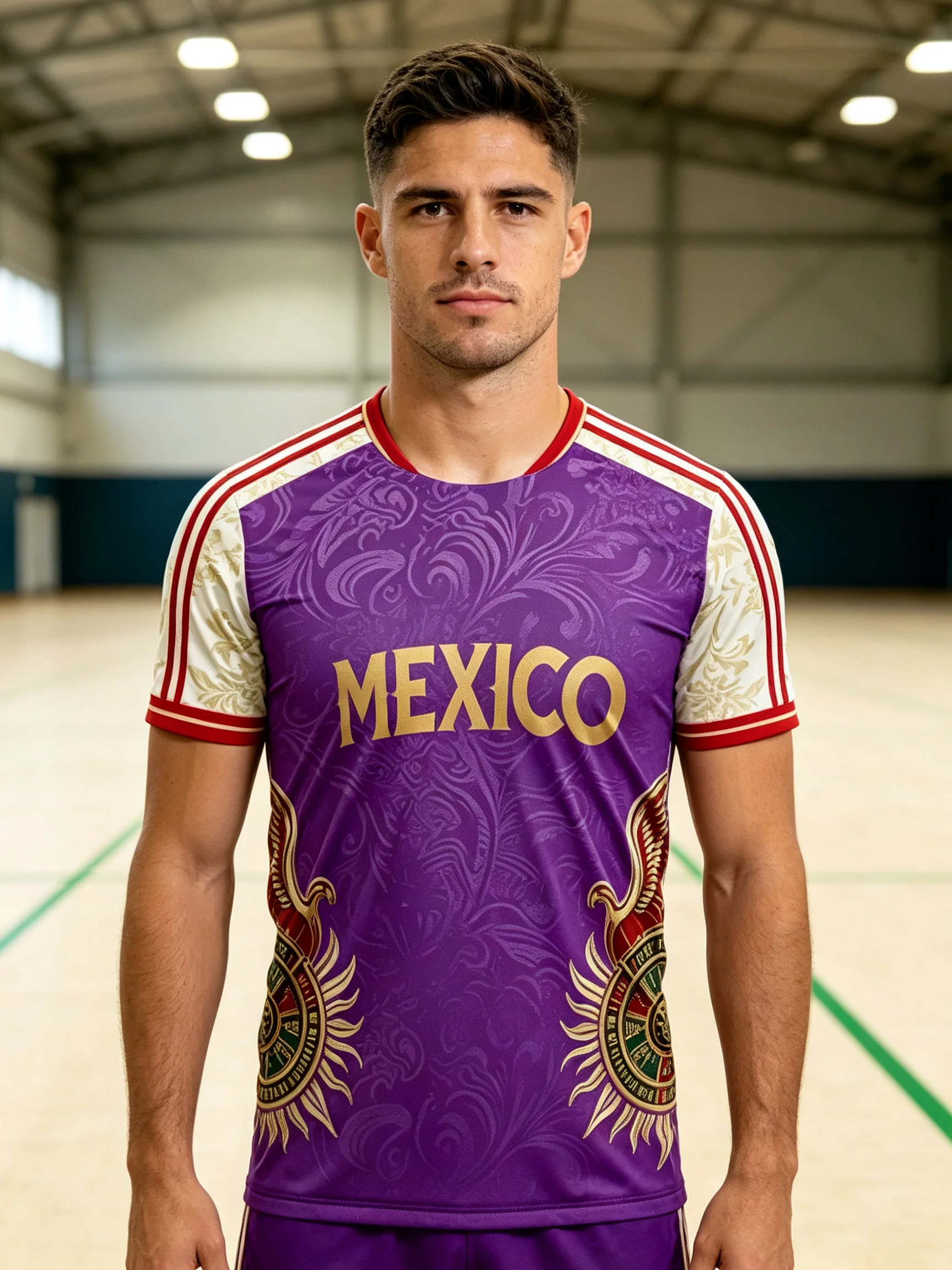 Mexico football jersey with vintage purple subtle‑grain, side sun‑god totems and exotic carved raglan sleeves