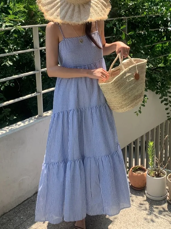 Vestido Envolvente t Azul Chique F Verão Novo Estilo de Férias Colete em Camadas Saia Longa E Casual Max...