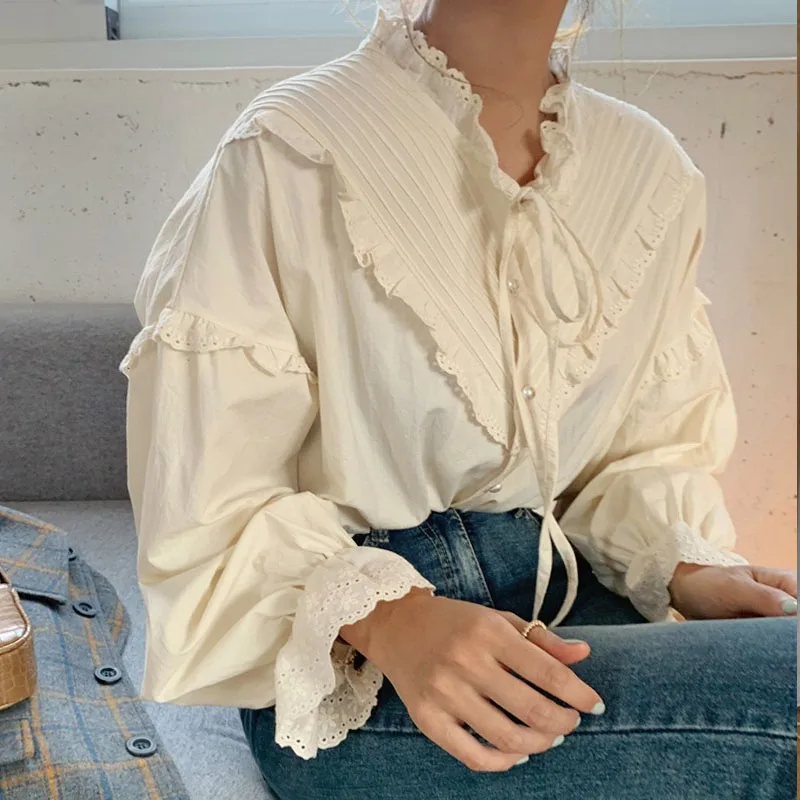 New Spring Summer Vintage Fashion Long Sleeve Women Lace Blouse Elegant Hollow Out Solid Lace Up Bow Loose Blouses Blusas 9580