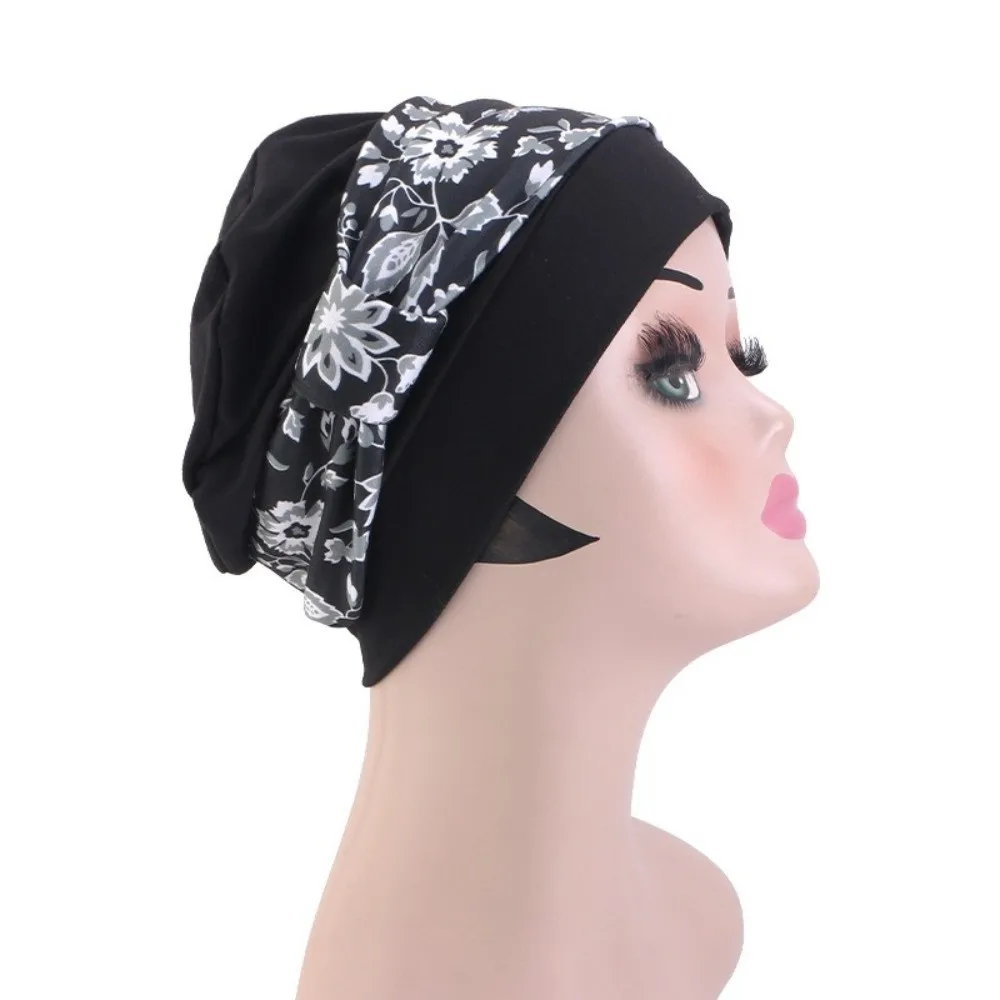 Soft Elastic Pre-Tied Turban Hat Floral Print Solid Base Chemo Cap Pre-Tied Bow Stretchy Fabric Hair Loss Head Cover