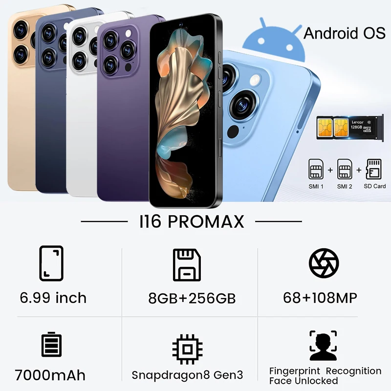هاتف i16 Pro Max الذكي ومجموعة بطاقات TF سعة 64 جيجابايت لنظام Android، هاتف محمول FHD مقاس 6.99 بوصة، 8+256 جيجابايت Wifi GPS Goodplay Store App بشريحتين #2
