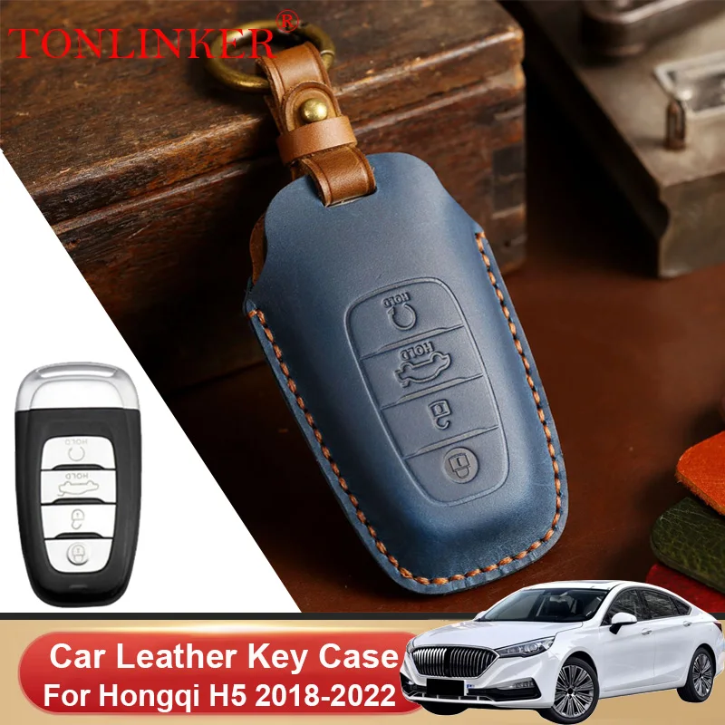 

TONLINKER Car Dedicated Leather Key Case For Hongqi H5 2018 2019 2020 2021 2022 Holder Shell Remote Cover Keychain Accessories