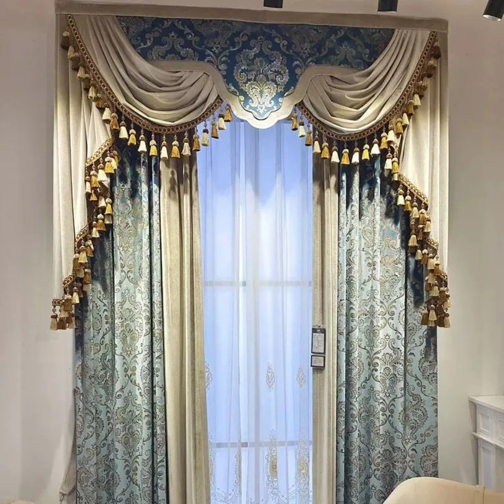 High End Blue Gilded Velvet Patched Curtains for Living Room Bedroom French Window Balcony Customized Villa Products