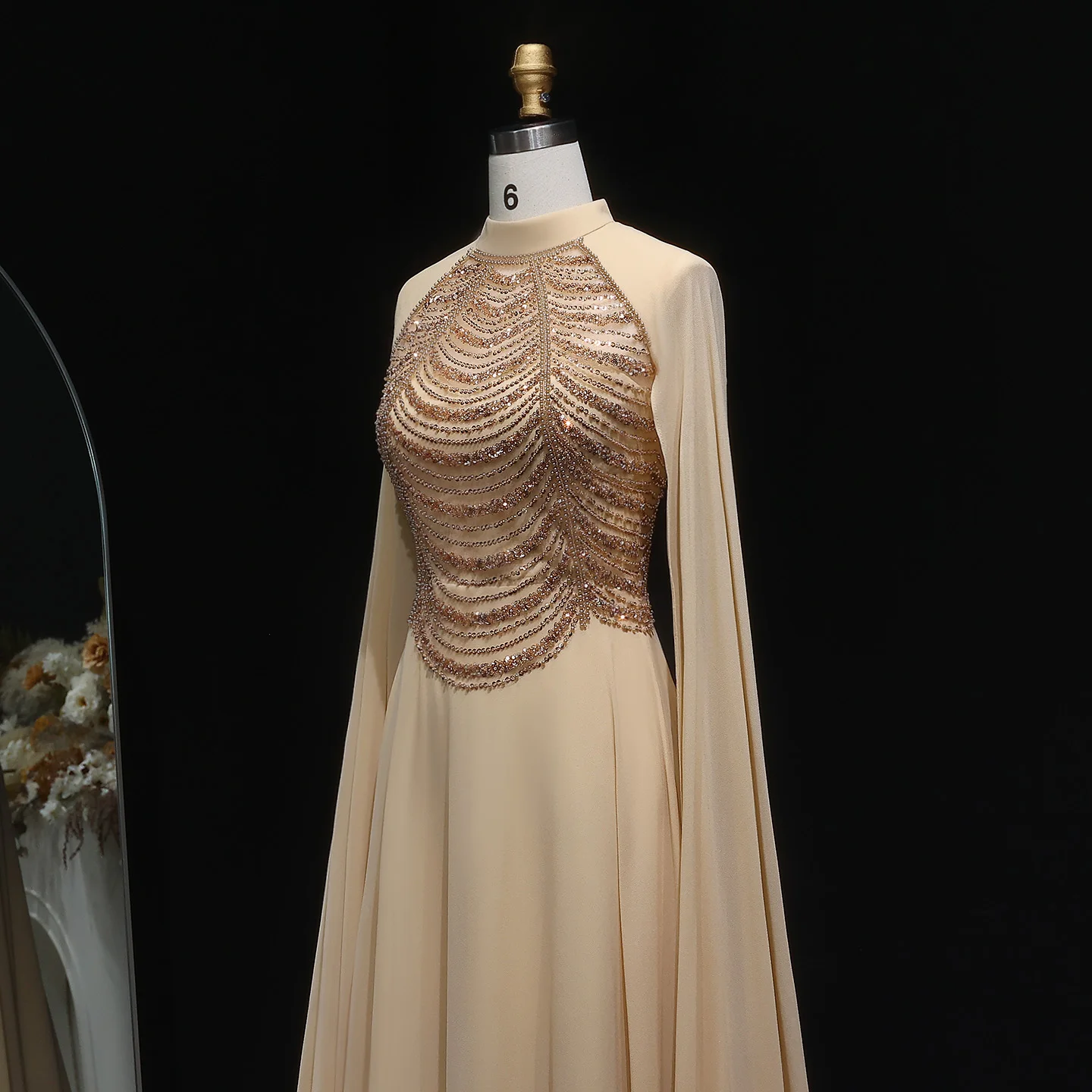 شارون سعيد فستان سهرة فاخر بلون الشامبانيا بأكمام قصيرة للنساء رداء حفلات الزفاف الرسمي العربية 2025 SF341 مخصص