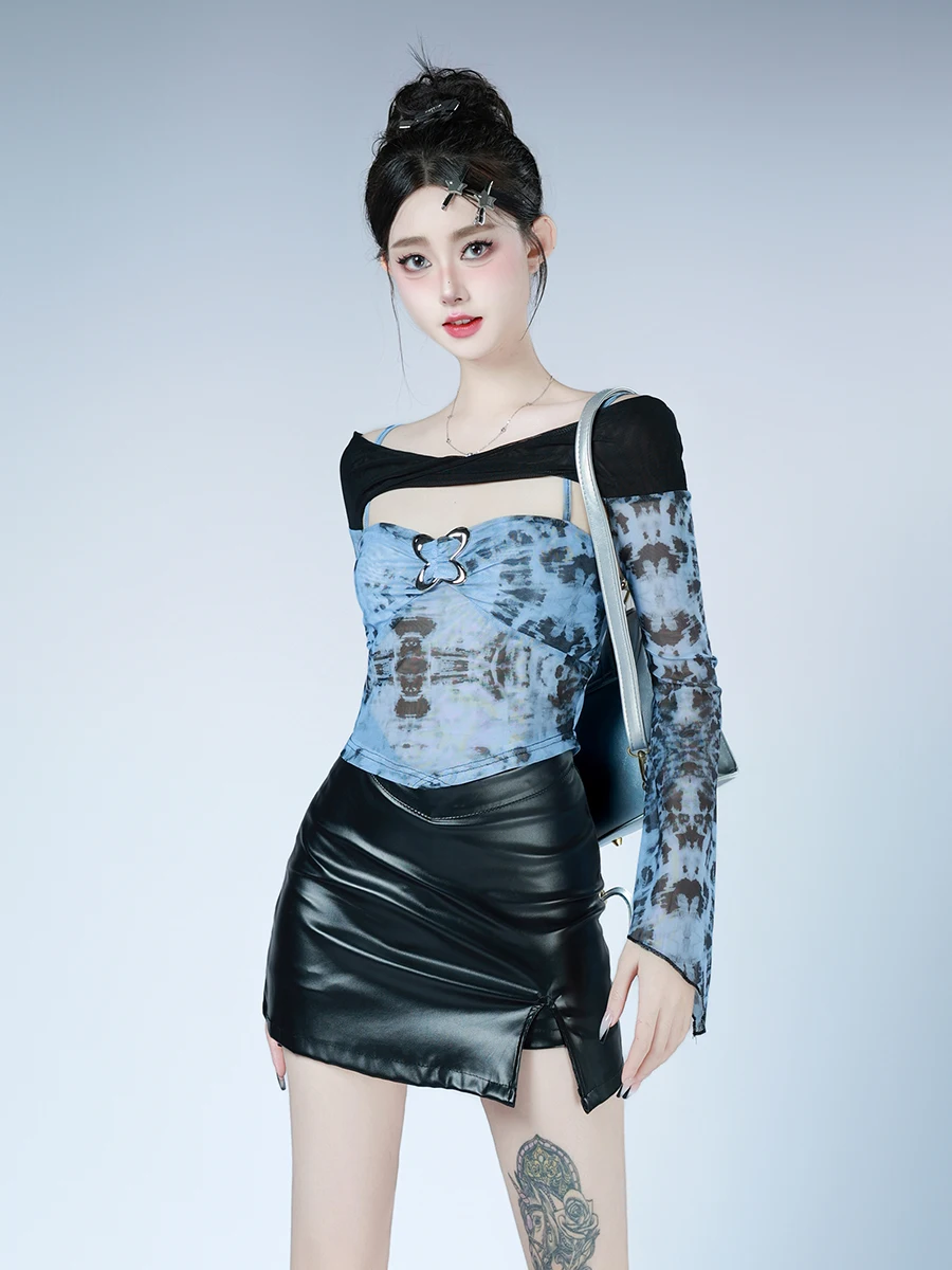 RORORIRI Women One-shoulder Flare Long Sleeves T-shirt Y2k Tie Dye Mesh Crop Top Butterfly Buckle Camisole Grayu Vintage Clothes