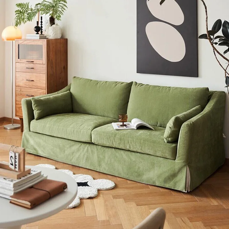 Modern linen fabric sofa removable and washable living room retro green soft bag three-person sofa small apartment leisure sofa