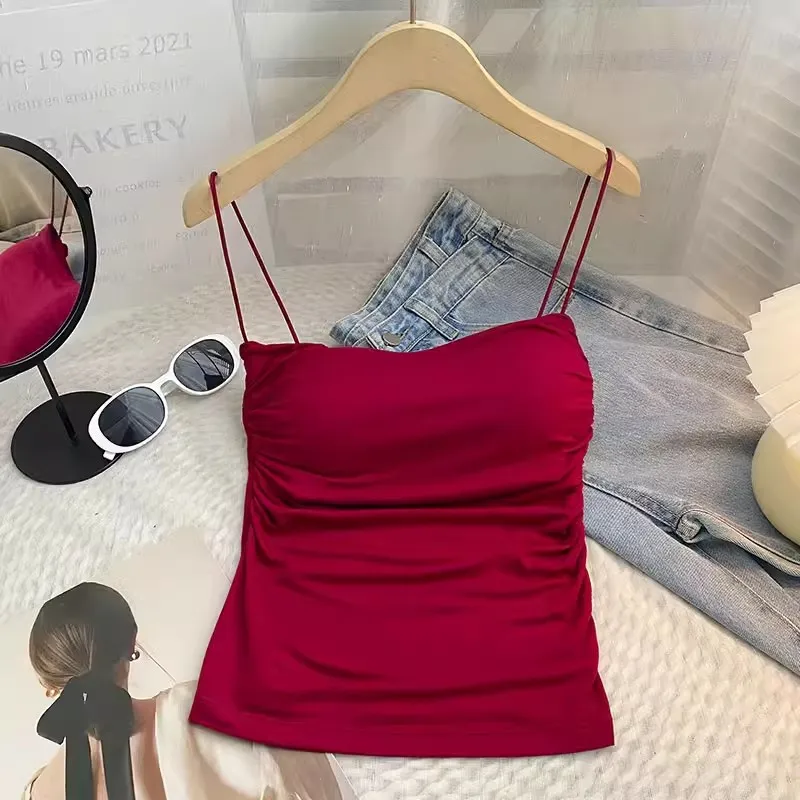 Women Spaghetti Strap Tops Solid Color Korean Summer Camis Sexy Red Bra Cropped Vest Sleeveless Shirt Slim Fit Streetwear Chic