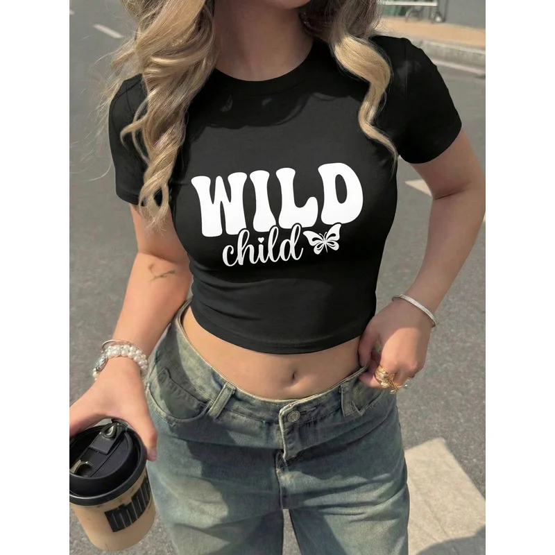Women Y2K Wild Child Butterfly Letter Print Crop T Shirt Slim Fit Short Sleeve O Neck Navel Tee Summer Casual Streetwear Cropped