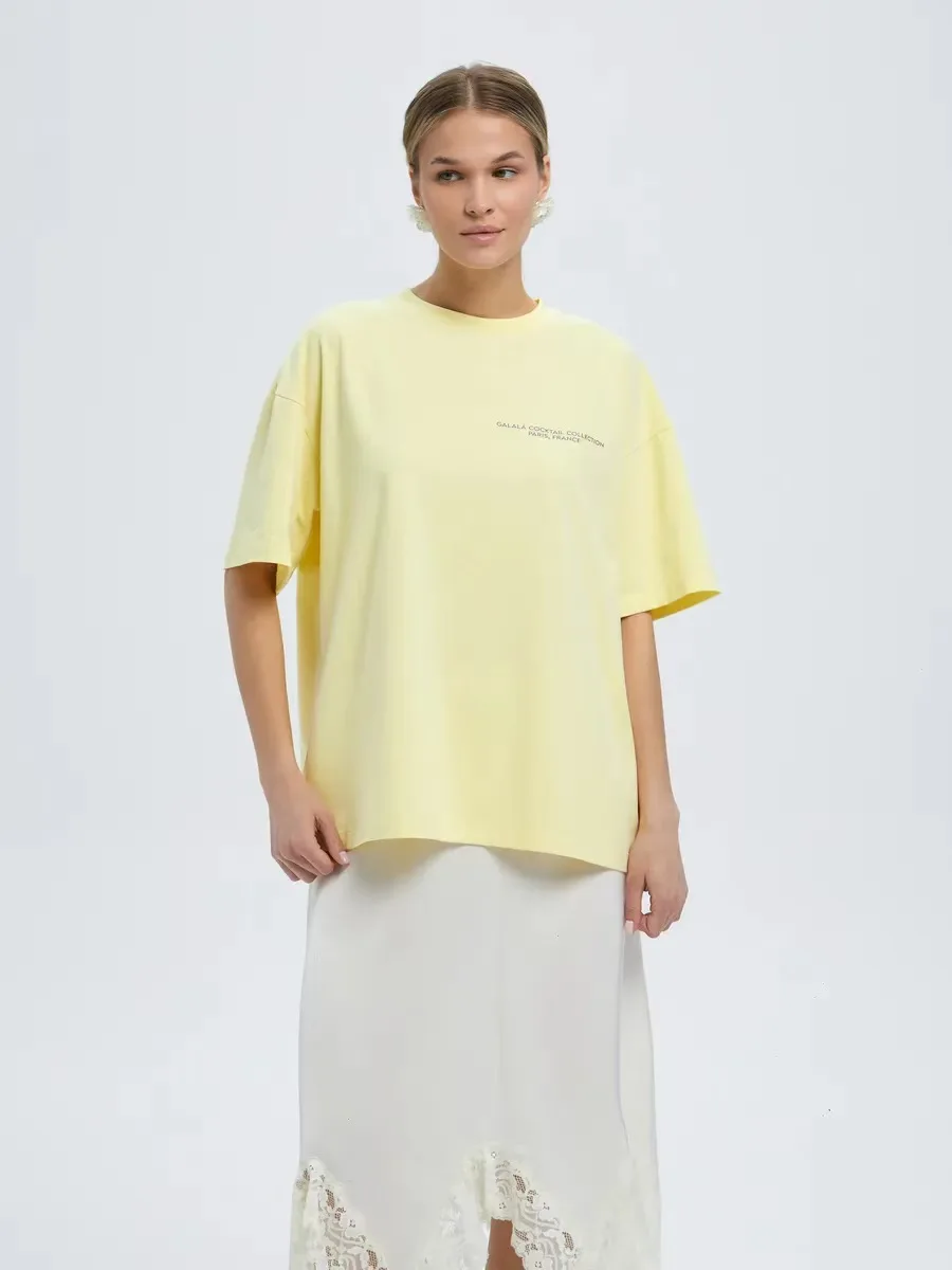 Lemon Salt Vintage Short Sleeve T-Shirt Women's Street Style Oversize Cotton round Neck Print Drinking Glass Casual Summer Top