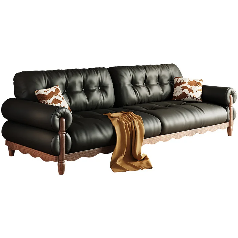 

Modern simple living room small apartment retro leather sofa, Italian minimalist straight row oil wax leather sofa