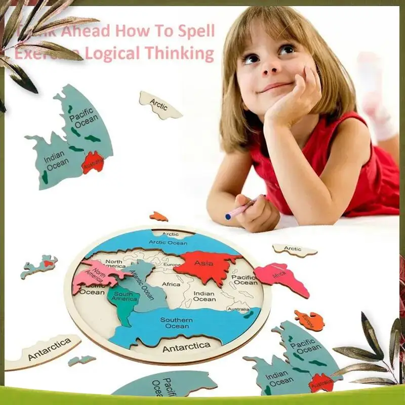 

ABOU-Montessori Wooden World Map Puzzle For Kids 3-6 Interactive Geography Learning Toy With Continents Oceans Wooden Jigsaw