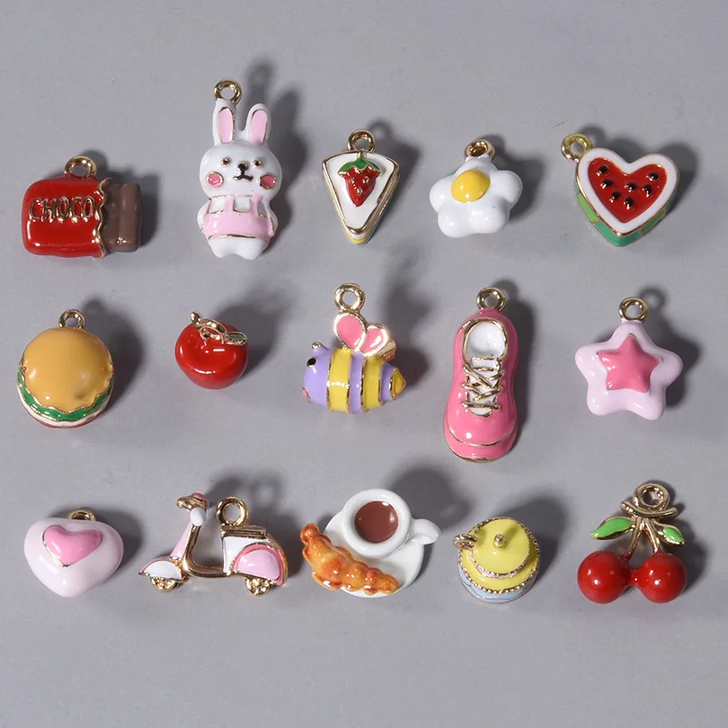 10pcs Cute Cartoon Rabbit Dessert Interest Fruit Sense Of Design Pendant Alloy Dripping Oil Cherry Cake Apple Charms Diy Jewelry