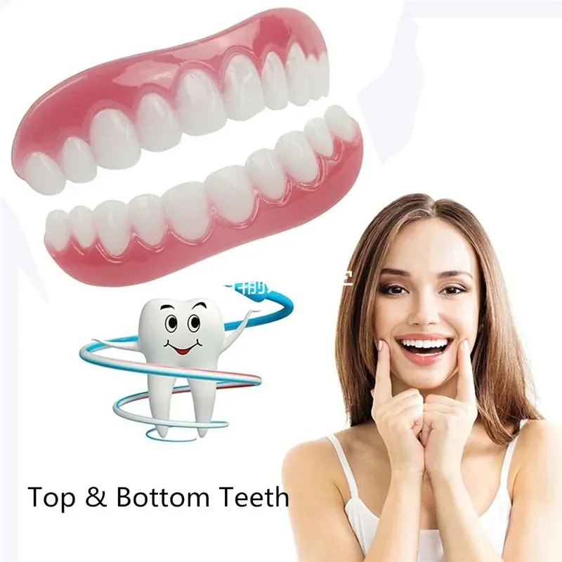 2PCS Upper Row White Teeth Set Silicone Simulation Dentures Veneers Flex Denture Perfect Fit Paste Tools for