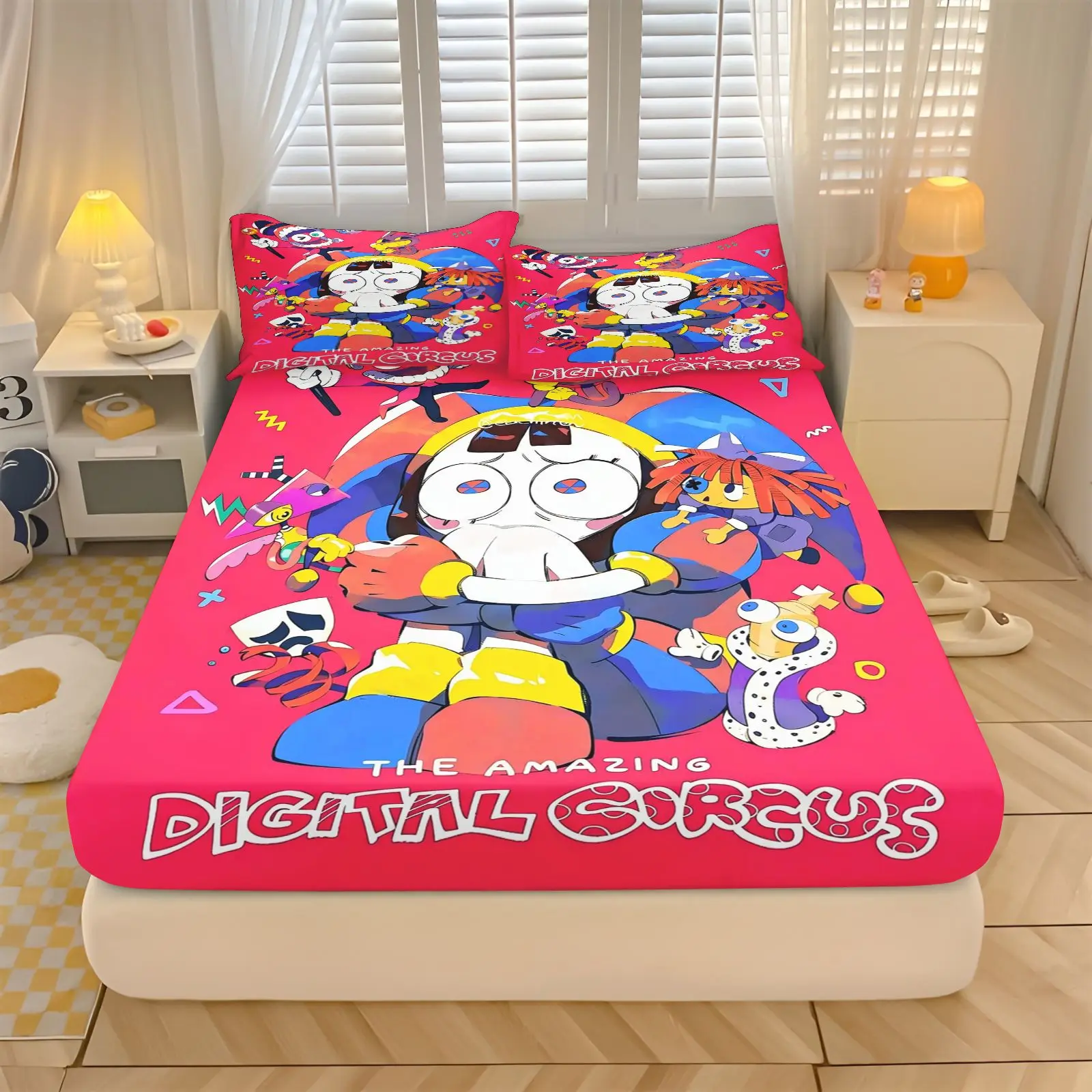 The Amazing Digital Circus Bedding Set Fitted Sheet  Pillowcases Cartoon Kids Bed Set Soft 3D Print for Children Twin Queen